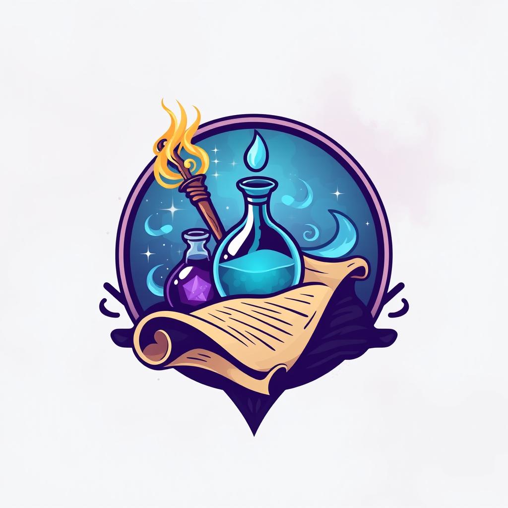 Create a logo featuring a wand, potion, and scroll to represent magic-using classes in Dungeons & Dragons