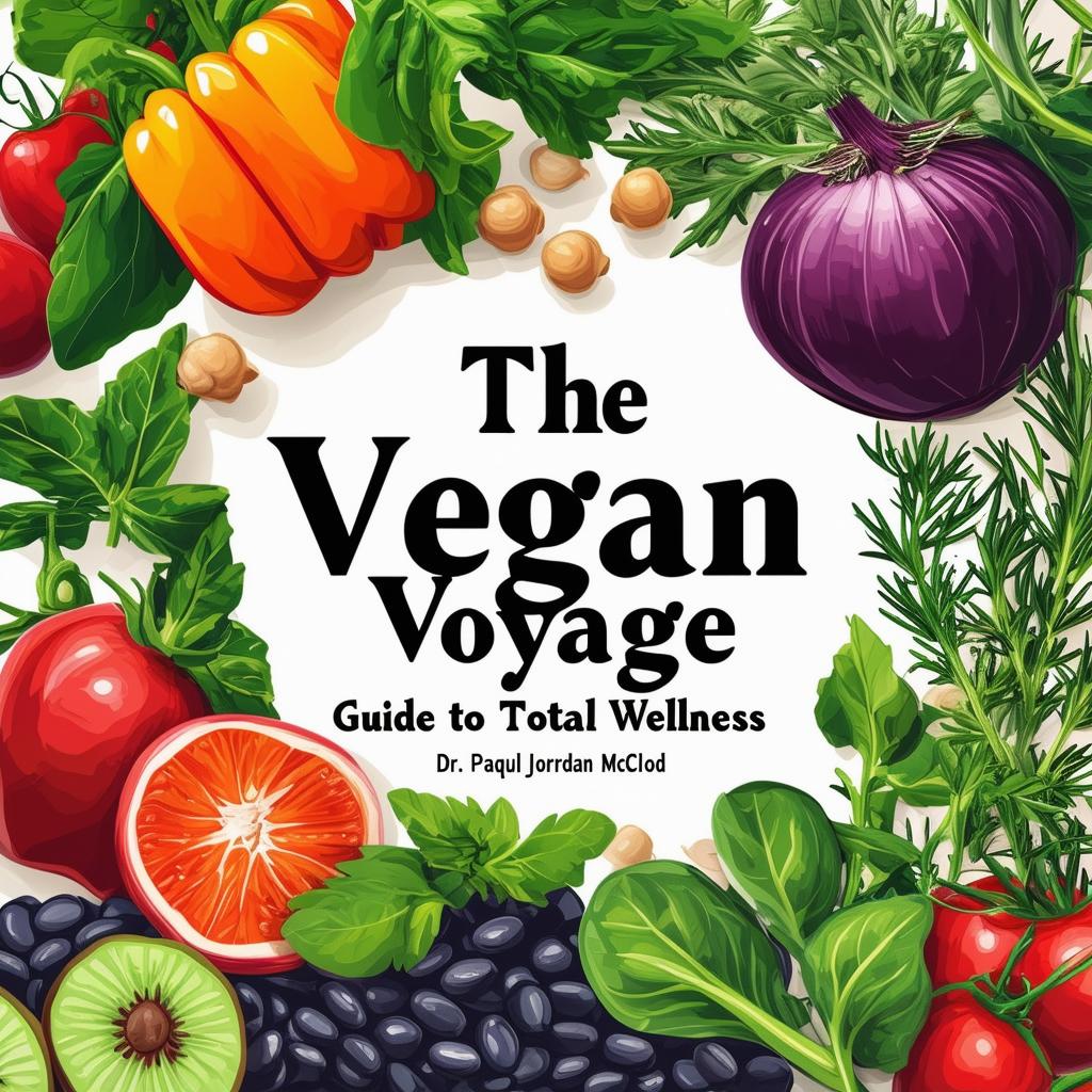 Create a vibrant and inviting printable cookbook cover titled 'The Vegan Voyage: Guide to Total Wellness' by Dr