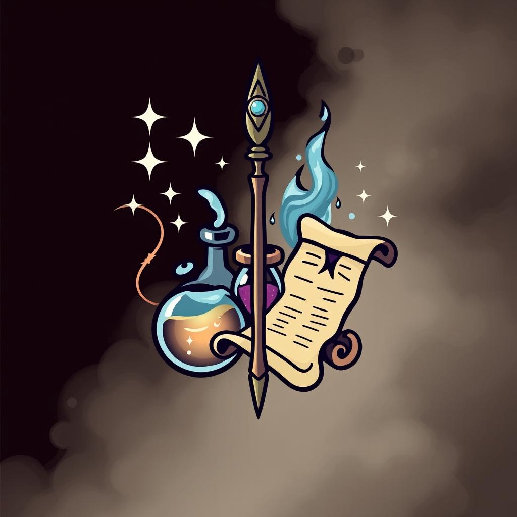 Create a logo featuring a magic wand, staff, potion, and scroll to represent magic-using classes in Dungeons & Dragons