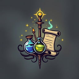 Create a logo featuring a magic wand, staff, potion, and scroll to represent magic-using classes in Dungeons & Dragons