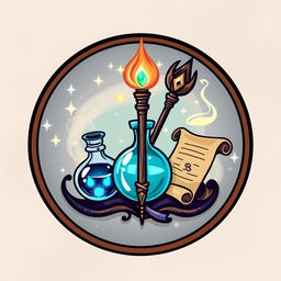 Create a logo featuring a magic wand, staff, potion, and scroll to represent magic-using classes in Dungeons & Dragons