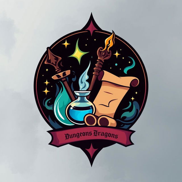 Create a logo featuring a magic wand, staff, potion, and scroll to represent magic-using classes in Dungeons & Dragons