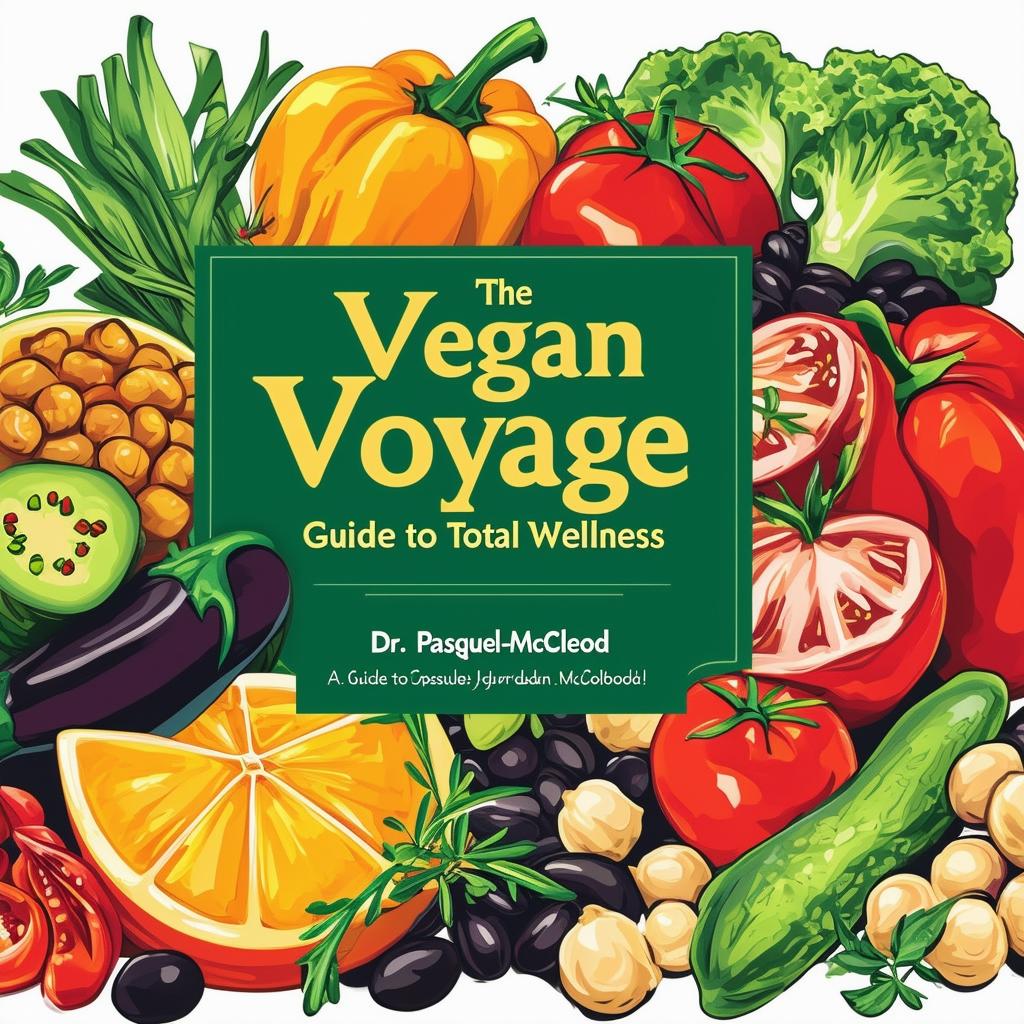 Create a vibrant and inviting printable cookbook cover titled 'The Vegan Voyage: Guide to Total Wellness' by Dr