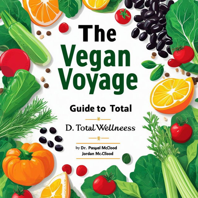 Create a vibrant and inviting printable cookbook cover titled 'The Vegan Voyage: Guide to Total Wellness' by Dr