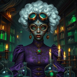 A highly detailed image of a dark-skinned Drow female with white hair styled in afro-puffs