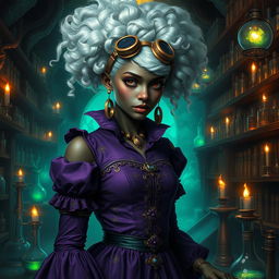 A highly detailed image of a dark-skinned Drow female with white hair styled in afro-puffs