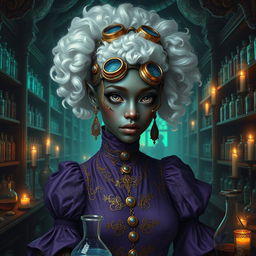 A highly detailed image of a dark-skinned Drow female with white hair styled in afro-puffs