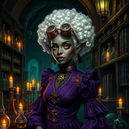 A highly detailed image of a dark-skinned Drow female with white hair styled in afro-puffs