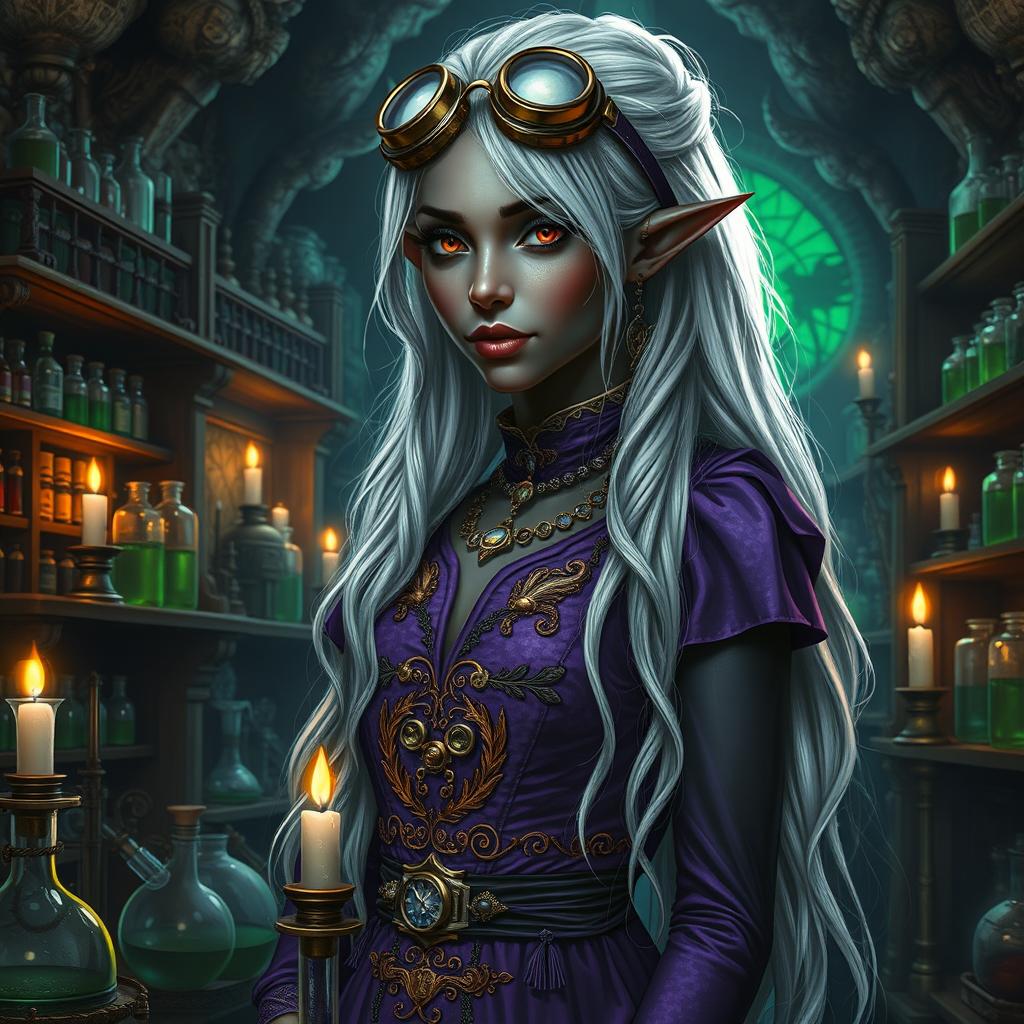 A highly detailed image of a dark-skinned Drow female with long white hair