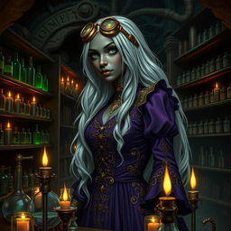 A highly detailed image of a dark-skinned Drow female with long white hair