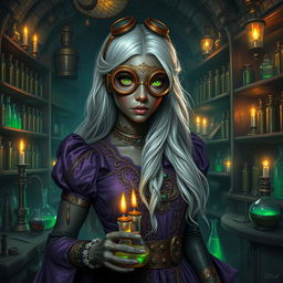 A highly detailed image of a dark-skinned Drow female with long white hair