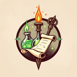 Create a logo featuring a magic wand, staff, potion, and scroll to represent magic-using classes in Dungeons & Dragons