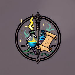 Create a logo featuring a magic wand, staff, potion, and scroll to represent magic-using classes in Dungeons & Dragons