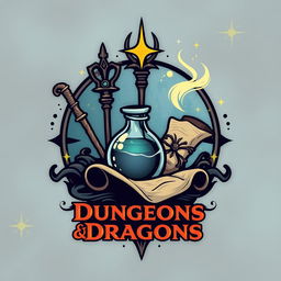 Create a logo featuring a magic wand, staff, potion, and scroll to represent magic-using classes in Dungeons & Dragons