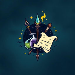 Create a logo featuring a magic wand, staff, potion, and scroll to represent magic-using classes in Dungeons & Dragons