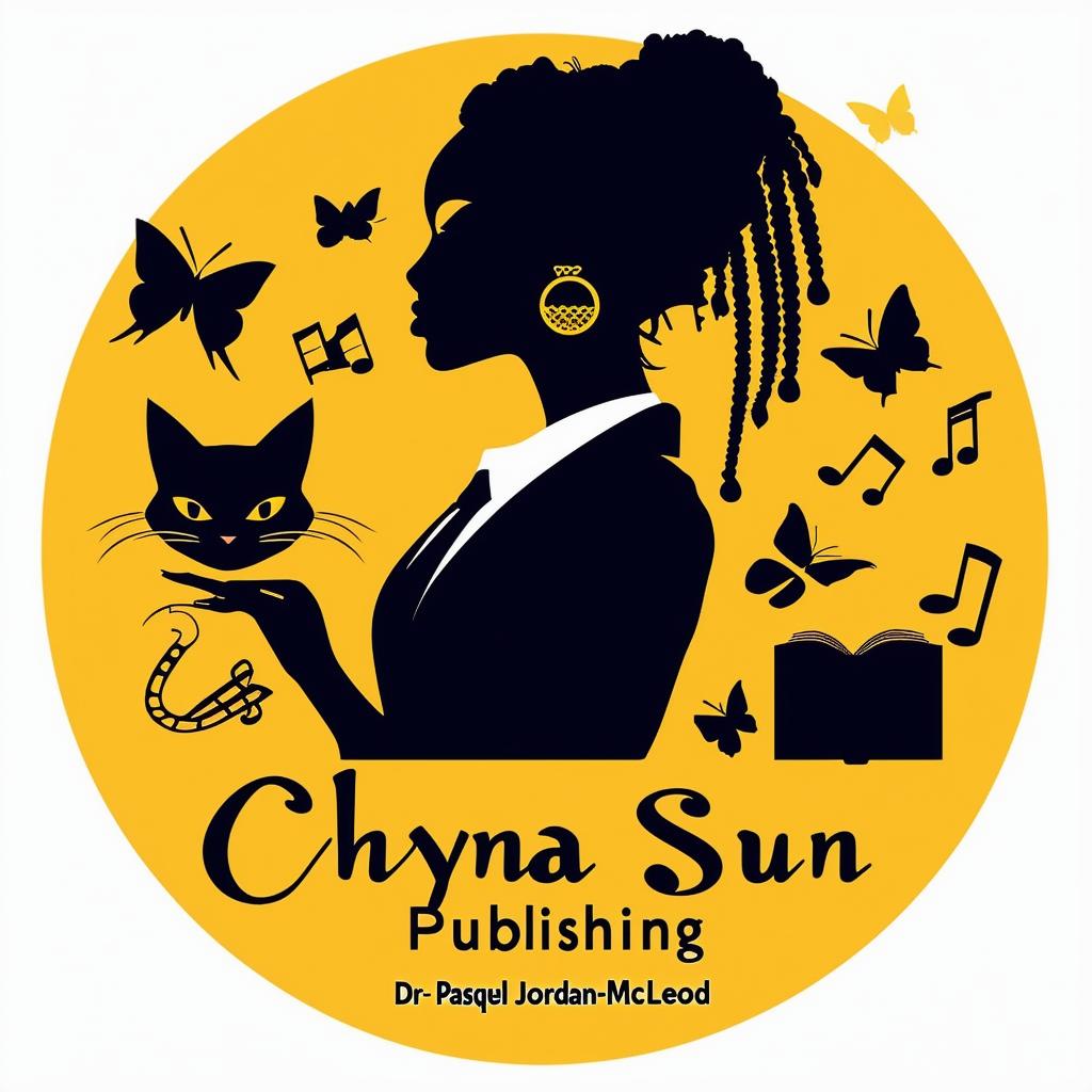 Create an elegant and vibrant logo for 'Chyna Sun Publishing' featuring a woman in a business suit with short dreadlocks, music notes, butterflies, two cat silhouettes, a book, and the text 'Chyna Sun Publishing' with 'Dr