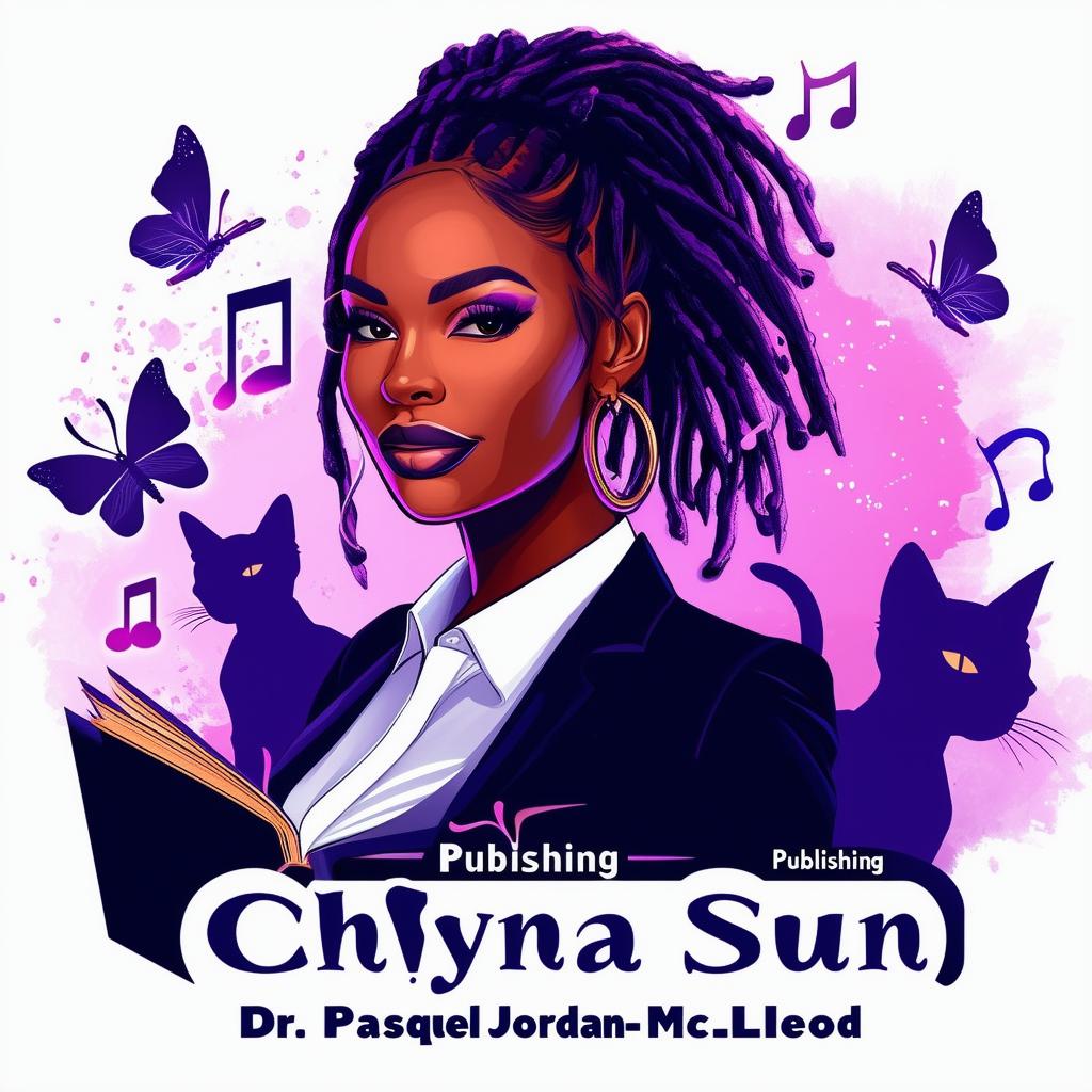 Create an elegant and vibrant logo for 'Chyna Sun Publishing' featuring a woman in a business suit with short dreadlocks, music notes, butterflies, two cat silhouettes, a book, and the text 'Chyna Sun Publishing' with 'Dr