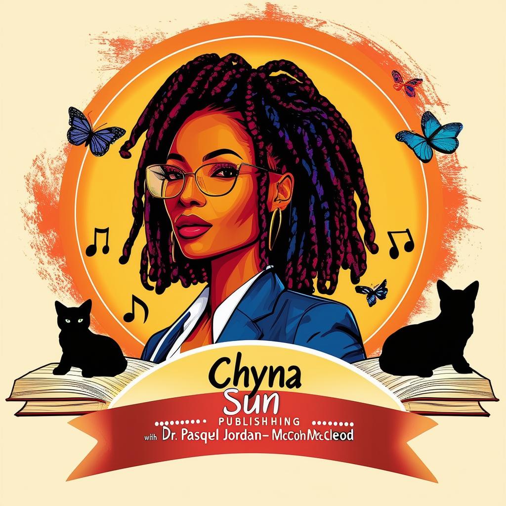 Design an elegant and vibrant logo for 'Chyna Sun Publishing' featuring a woman in a business suit with short dreadlocks, music notes, butterflies, two cat silhouettes, a book, and the text 'Chyna Sun Publishing' with 'Dr