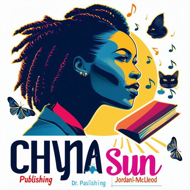 Design an elegant and vibrant logo for 'Chyna Sun Publishing' featuring a woman in a business suit with short dreadlocks, music notes, butterflies, two cat silhouettes, a book, and the text 'Chyna Sun Publishing' with 'Dr