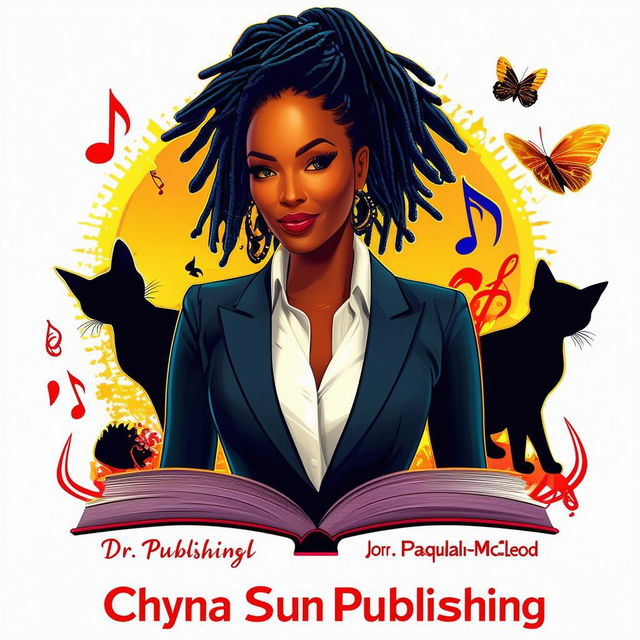 Create an elegant and vibrant logo for 'Chyna Sun Publishing' featuring a woman in a business suit with short dreadlocks, music notes, butterflies, two cat silhouettes, an open book, and the text 'Chyna Sun Publishing' with 'Dr