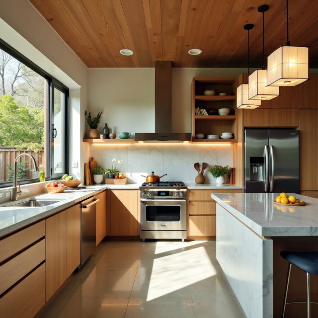 A stunning mid-century modern kitchen with intricate details, captured in high-definition architectural photography