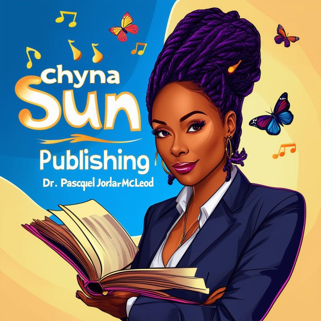 Create an elegant and vibrant logo for 'Chyna Sun Publishing' featuring a woman in a business suit with short dreadlocks, music notes, butterflies, two cat silhouettes, an open book, and the text 'Chyna Sun Publishing' with 'Dr