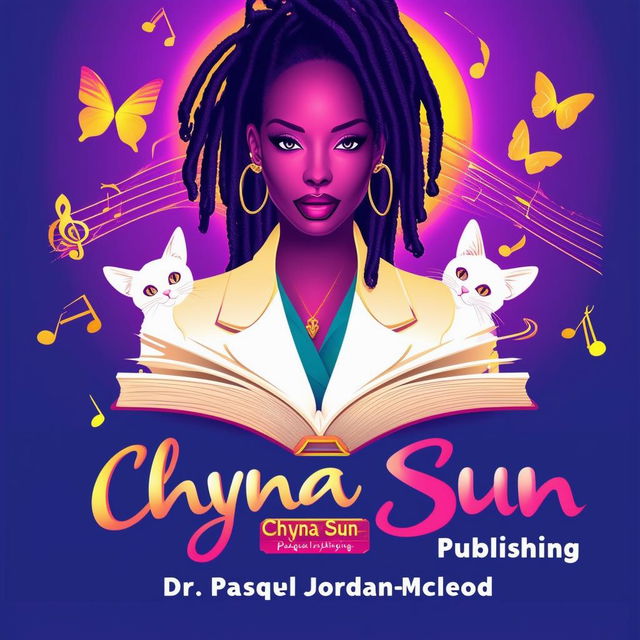 Create an elegant and vibrant logo for 'Chyna Sun Publishing' featuring a woman in a business suit with short dreadlocks, music notes, butterflies, two cat silhouettes, an open book, and the text 'Chyna Sun Publishing' with 'Dr