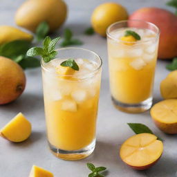 A glass cup filled with ice cubes and small diced mango pieces, in a refreshing mango lemonade, garnished with a touch of mint.