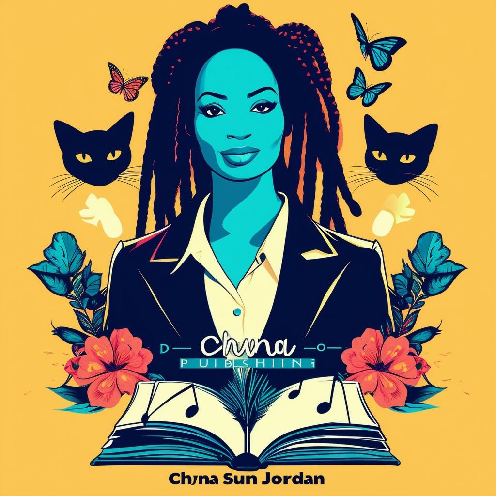 Create an elegant and vibrant logo for 'Chyna Sun Publishing' featuring a woman in a business suit with short dreadlocks, music notes, butterflies, two cat silhouettes, an open book, and the text 'Chyna Sun Publishing' with 'Dr