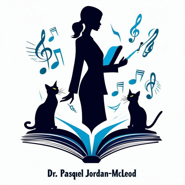 Elegant logo for book promotion featuring a lady silhouette in a suit, music notes, two cats, a book, and the names 'Dr