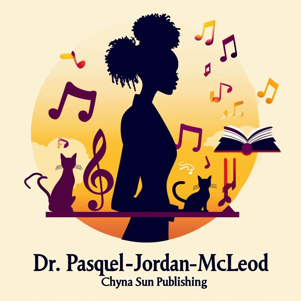 Elegant logo for book promotion featuring a lady silhouette in a suit with short dreadlocks, music notes, two cats, a book, and the names 'Dr