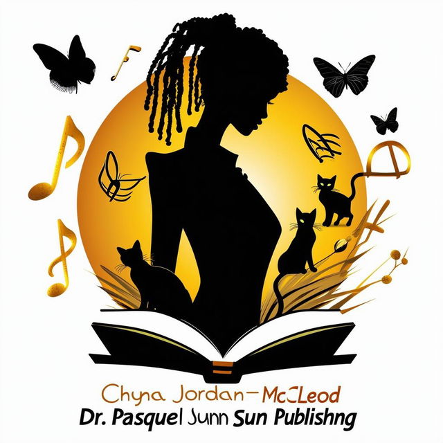 Elegant logo for book promotion featuring a lady silhouette in a suit with short dreadlocks, music notes, two cats, butterflies, a book, and the names 'Dr