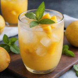 A glass cup filled with ice cubes and small diced mango pieces, in a refreshing mango lemonade, garnished with a touch of mint.