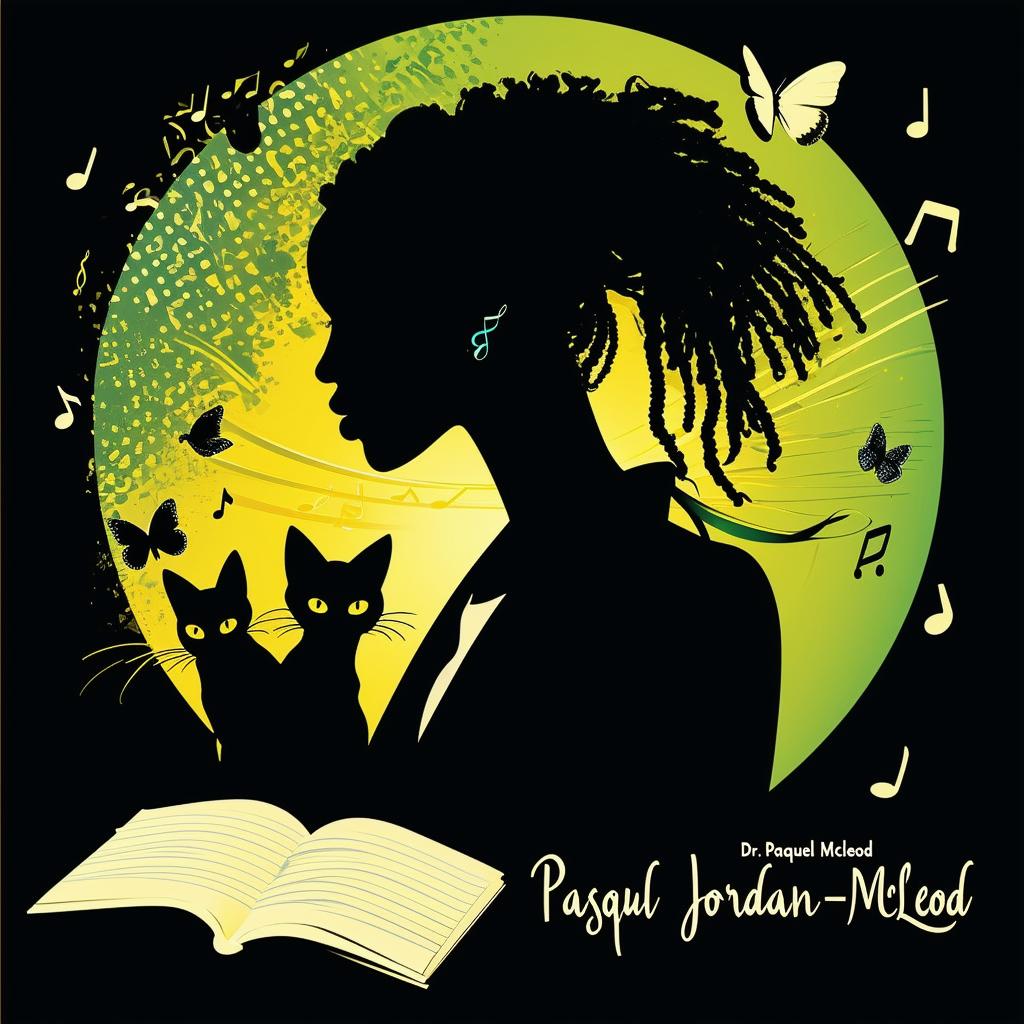 Elegant logo for book promotion featuring a lady with short dreadlocks silhouette in a suit, music notes, butterflies, two cats, and a book