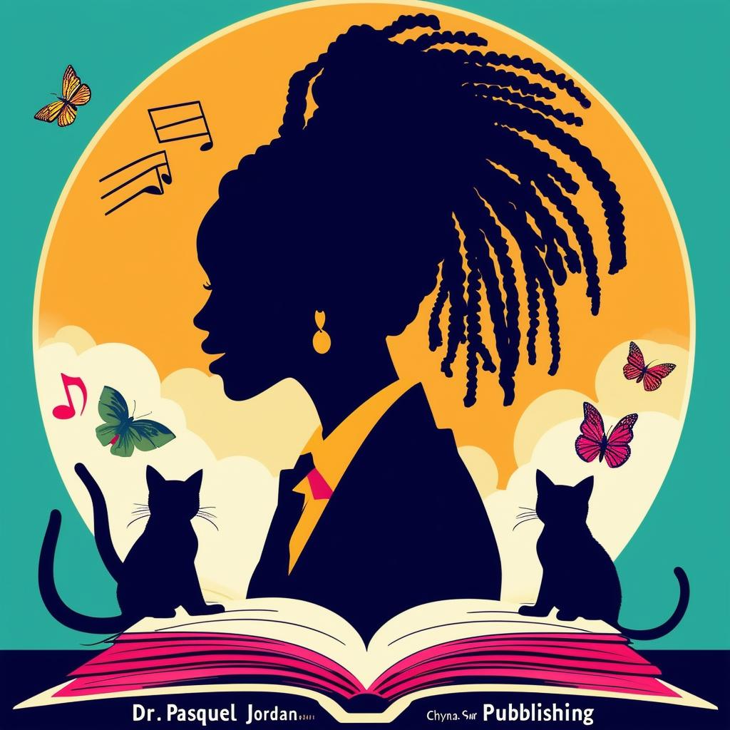 Elegant logo for book promotion featuring a lady with short dreadlocks silhouette in a suit, music notes, butterflies, two cats, and a book