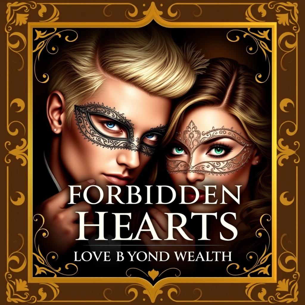 Create a book cover titled 'Forbidden Hearts: A Love Beyond Wealth'