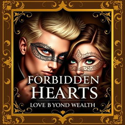 Create a book cover titled 'Forbidden Hearts: A Love Beyond Wealth'