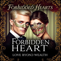 Create a book cover titled 'Forbidden Hearts: A Love Beyond Wealth'