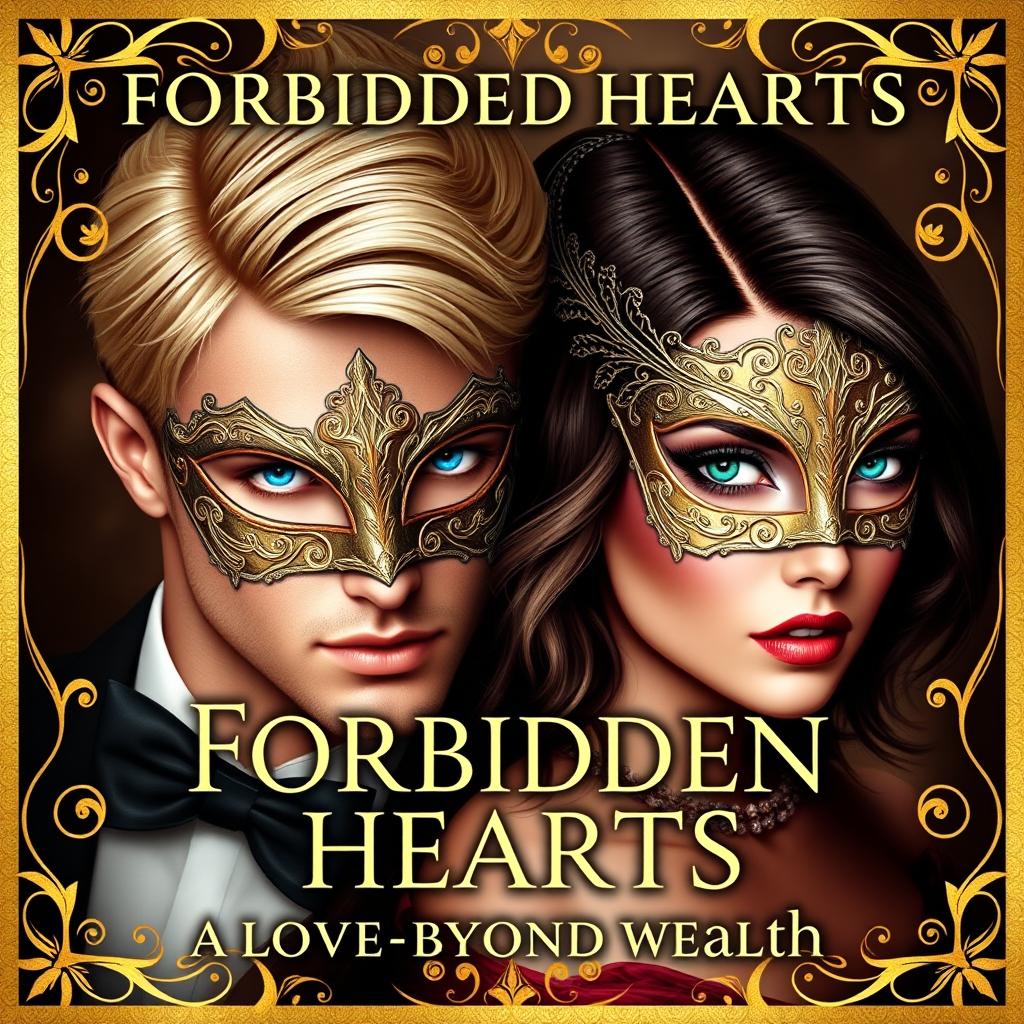 Create a book cover titled 'Forbidden Hearts: A Love Beyond Wealth'