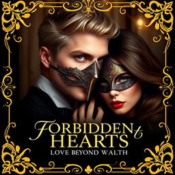 Create a book cover titled 'Forbidden Hearts: A Love Beyond Wealth'