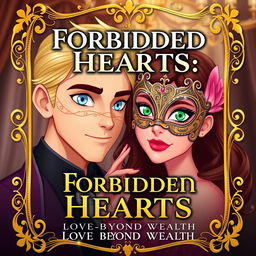 Create an animated book cover titled 'Forbidden Hearts: A Love Beyond Wealth'