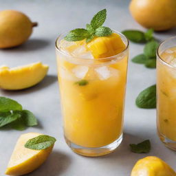 A glass cup filled with ice cubes and small diced mango pieces, in a refreshing mango lemonade, garnished with a touch of mint.