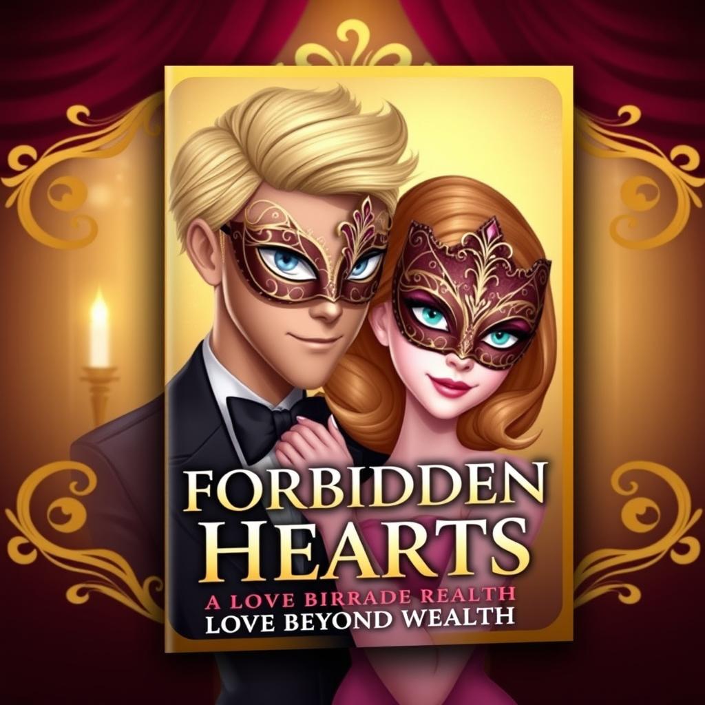 Create an animated book cover titled 'Forbidden Hearts: A Love Beyond Wealth'