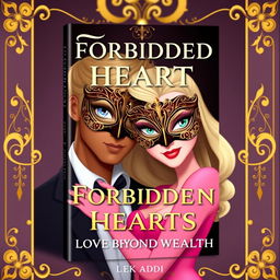 Create an animated book cover titled 'Forbidden Hearts: A Love Beyond Wealth'