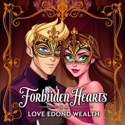 Create an animated book cover titled 'Forbidden Hearts: A Love Beyond Wealth'