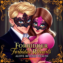 Create a realistic animated book cover titled 'Forbidden Hearts: A Love Beyond Wealth'