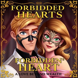 Create a realistic animated book cover titled 'Forbidden Hearts: A Love Beyond Wealth'