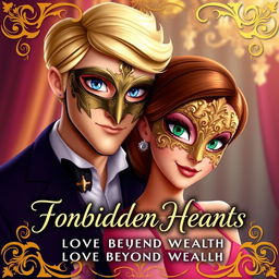 Create a realistic animated book cover titled 'Forbidden Hearts: A Love Beyond Wealth'