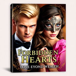 Create a realistic book cover titled 'Forbidden Hearts: A Love Beyond Wealth'