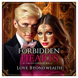 Create a realistic book cover titled 'Forbidden Hearts: A Love Beyond Wealth'